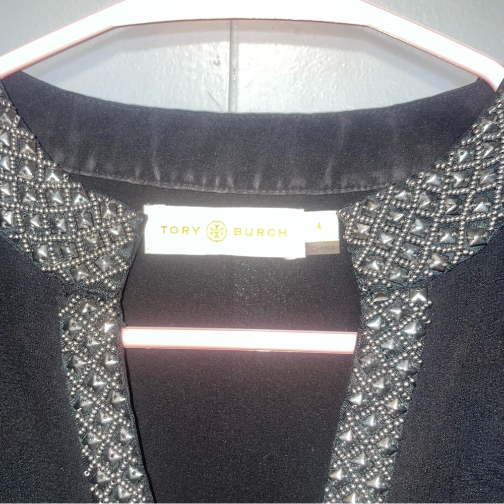 Tory Burch Black Chiffon Silk Beaded Blouse Size 4 - Picture 2 of 7